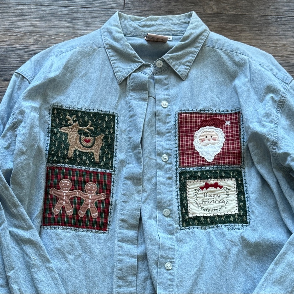 Folk Blue Shirt with Holiday Patches